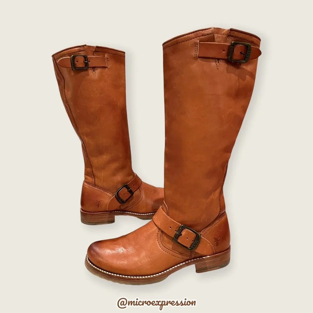 $399 Frye Veronica Slouch Cognac Brown Tan Leather Engineer Moto Tall BuckleBoot